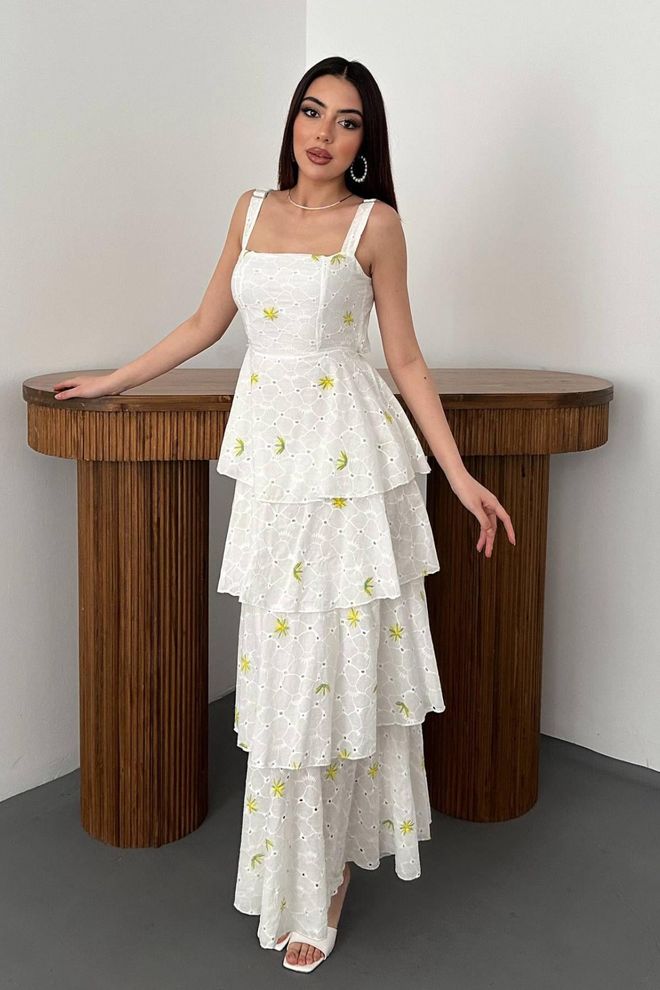 Elisa White Fit And Flare Dress With Floral Pattern Wholesale Clothing Casual
