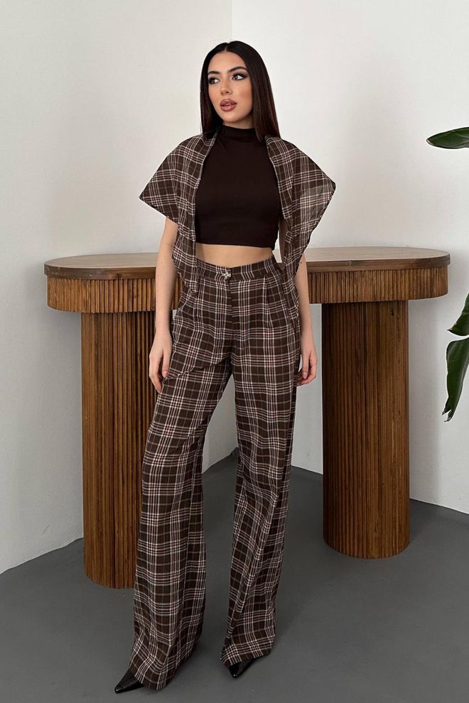 Elisa Brown Vintage Checkered Palazzo Pants Wholesale Clothing Casual