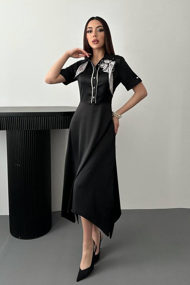 Elisa Elegante Zwarte Hemdjurk Midi Met Geribbelde Hals Groothandel Kleding Bescheiden