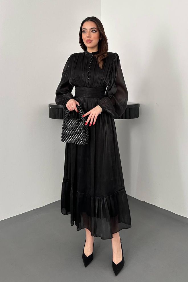 Lonca | ELS14503 - Elegant Black Fit And Flare Dress With Ballon Sleeves
