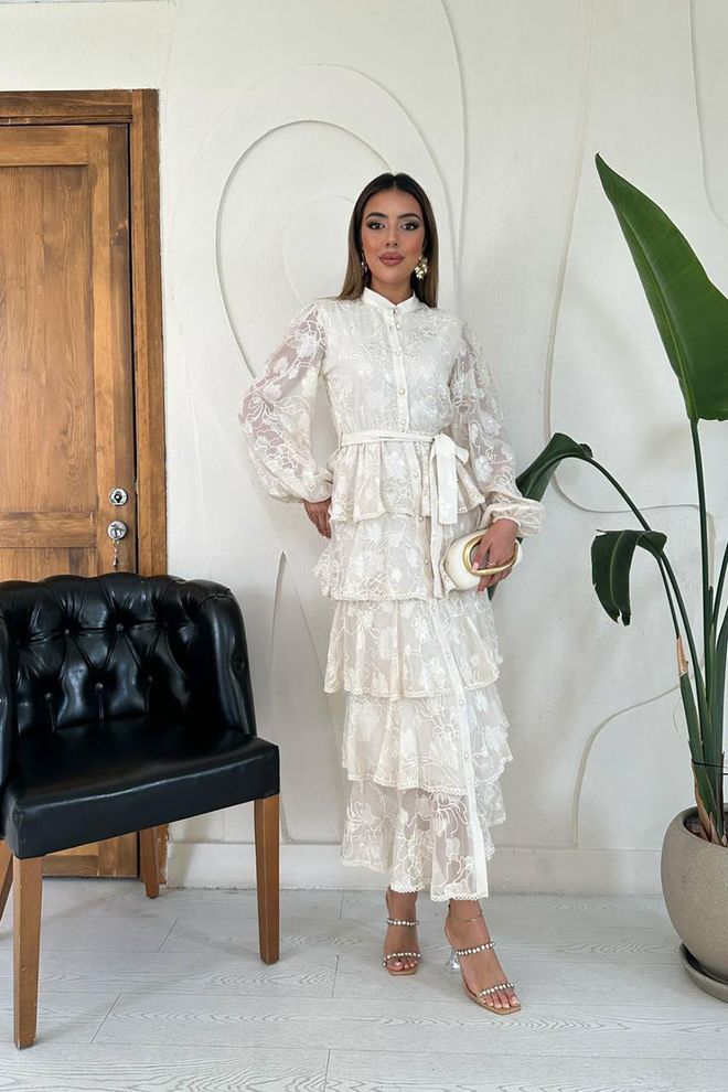 Elisa Vestido Branco Modesto Elegante Formal Vintage Floral Tipo Shift Roupas por atacado Modesto