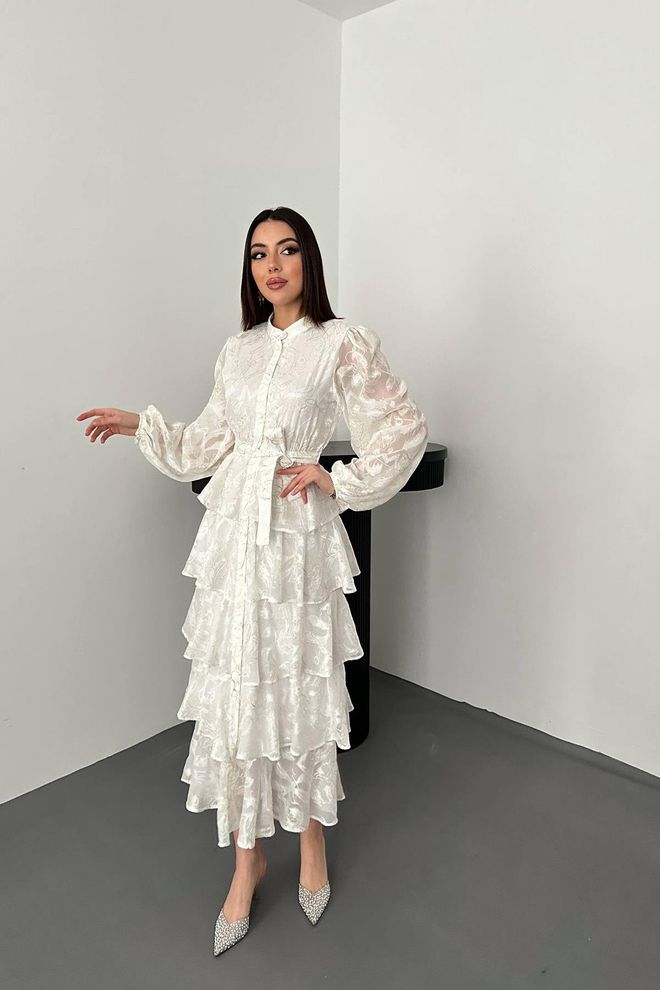 Elisa Biała Elegancka Formalna Sukienka Dopasowana I Rozkloszowana Hurtowa sprzedaż odzieży Skromny