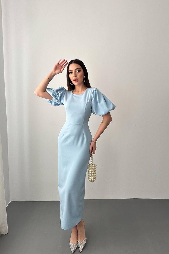 Elisa Eleganti Mėlyna Tiesi Suknelė Su Pusiais Pūstais Rankovėmis Didmeninė prekyba drabužiais Čiuožėjos