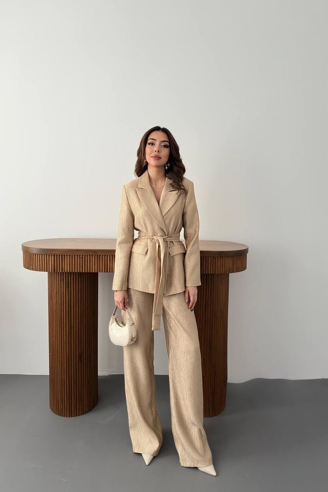 Elisa Elegant Beige Set With Palazzo Pants & Tie Closure Wholesale Clothing Vintage