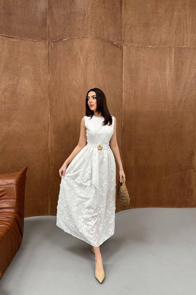 Elisa White Elegant A Line Midi Dress With Floral Pattern Wholesale Clothing Modest