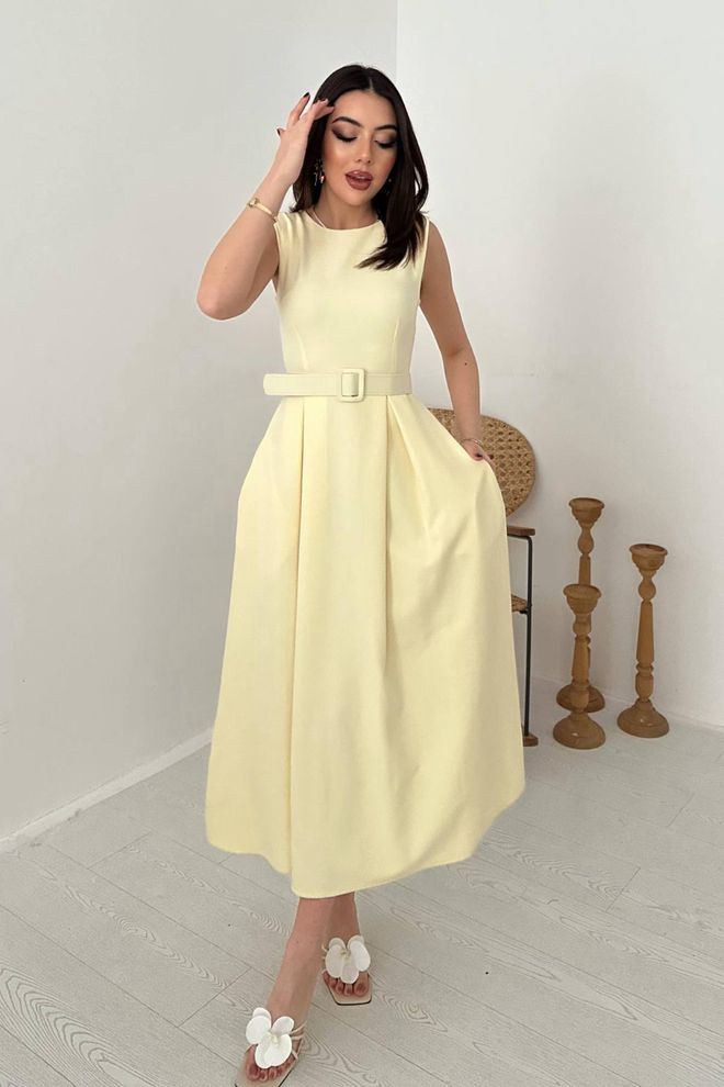 Elisa Elegant Beige A Line Midi Dress Wholesale Clothing Modest