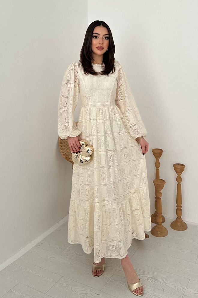 Elisa Beige Elegant Fit And Flare Dress With Ballon Sleeves Wholesale Clothing Modest