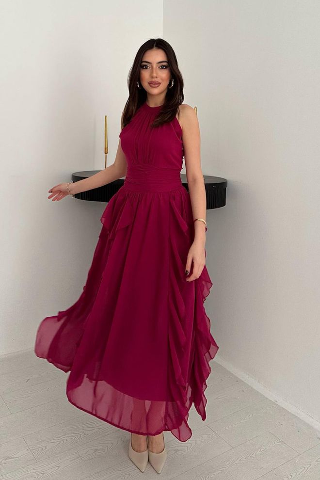 Elisa Elegant Fuchsia A Line Dress With High Neck Wholesale Clothing Formal