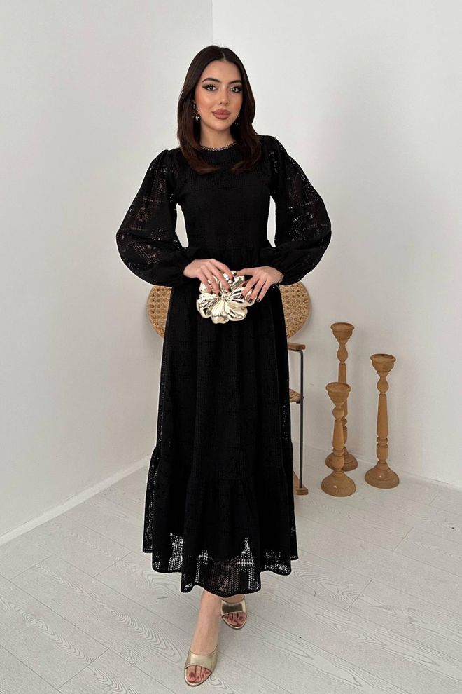 Elisa Elegant Black A Line Maxi Dress Wholesale Clothing Modest