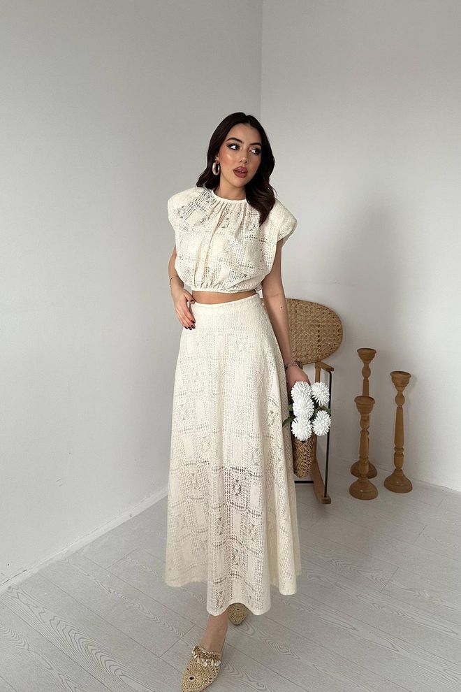 Elisa Beige Boho Flared Maxi Skirt Set Wholesale Clothing Modest