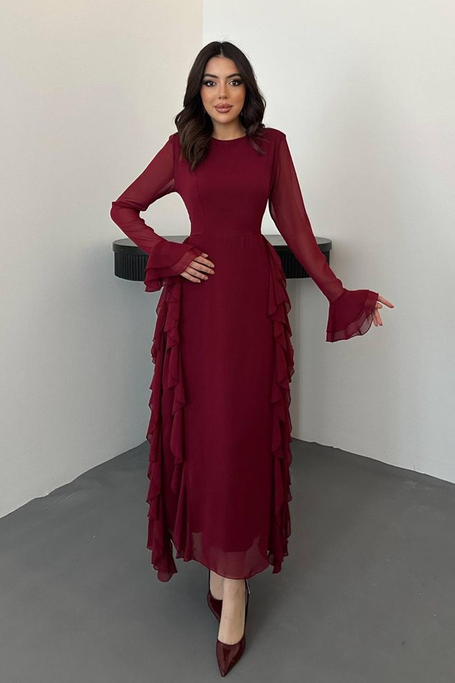 Elisa Vestido Elegante De Linha A Vermelho Clarete Roupas por atacado Modesto