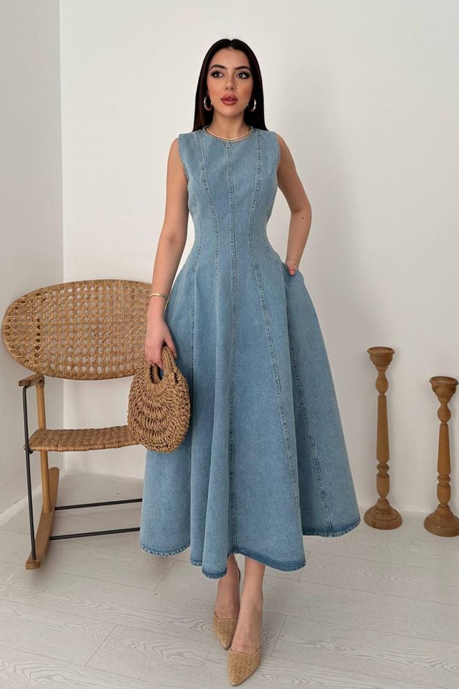 Elisa Blue Fit And Flare Midi Dress With Cap Sleeves Wholesale Clothing Casual