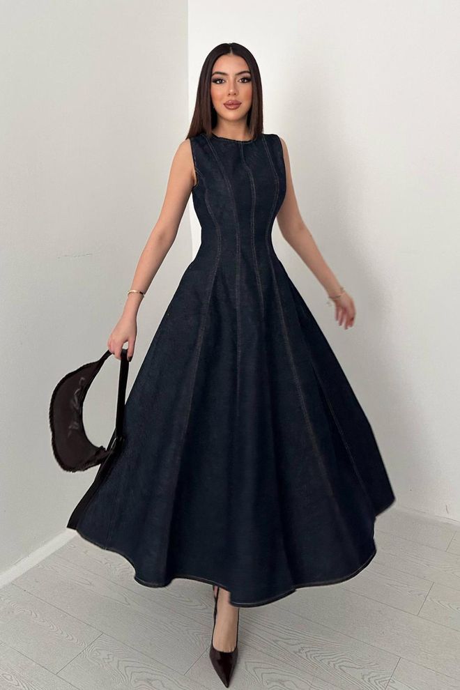 Elisa Elegante Zwarte Fit And Flare Midi Jurk Groothandel Kleding Casual