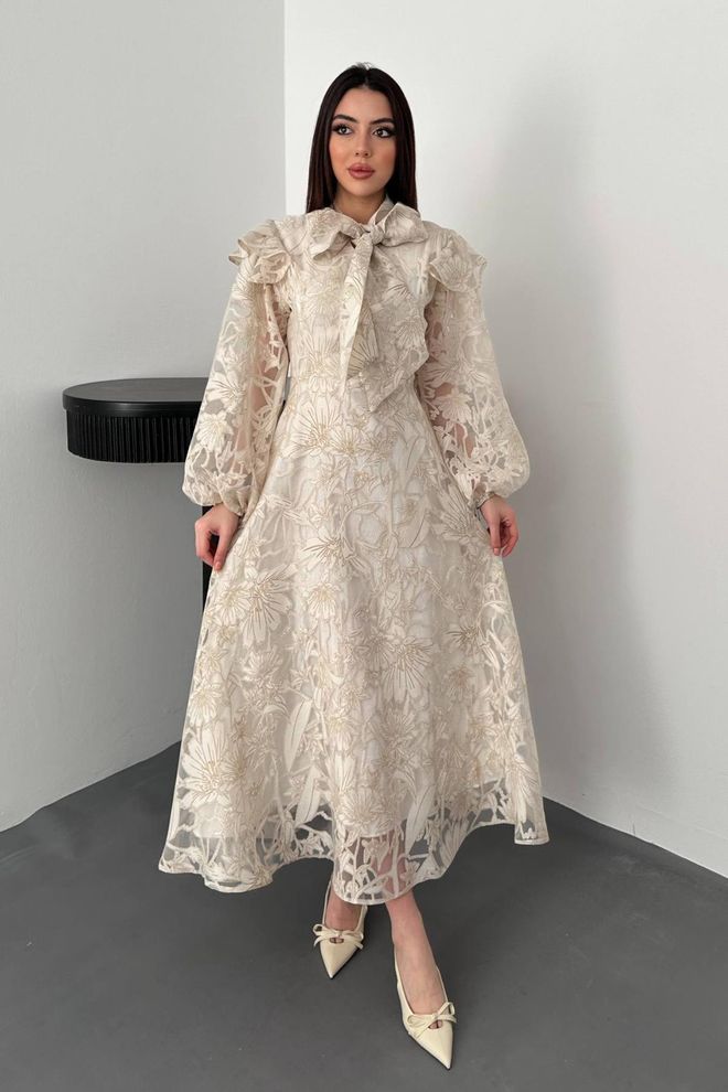 Elisa Beige Bloemen Fit And Flare Midi Jurk Groothandel Kleding Bescheiden