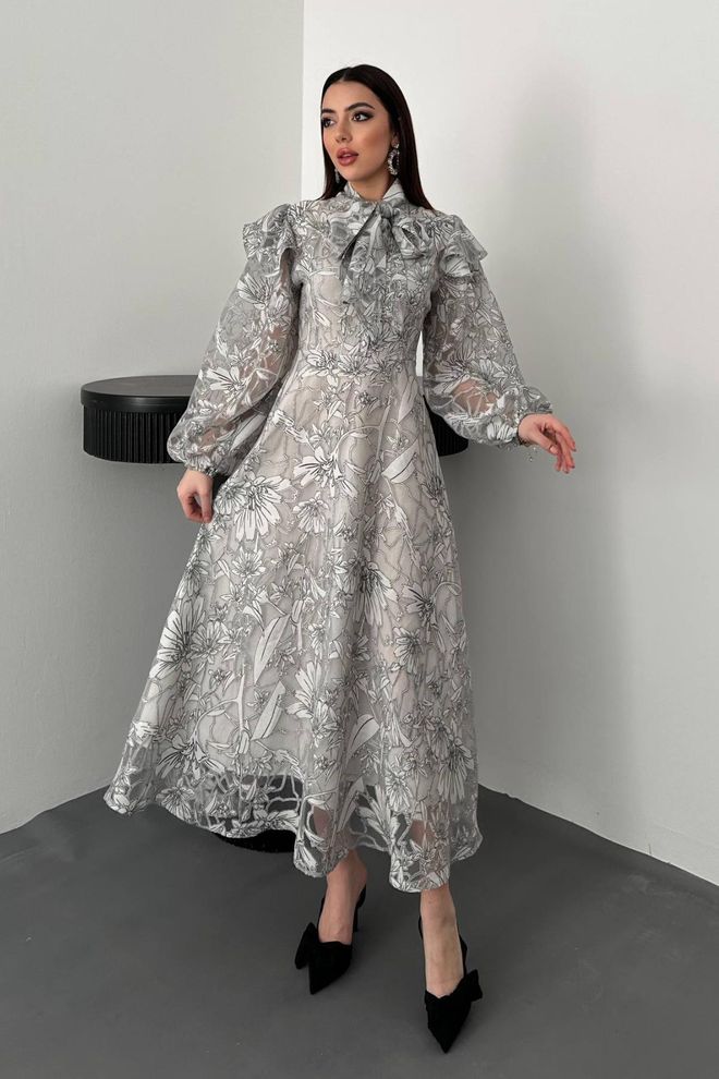 Elisa Elegantes Graues A Linien Kleid Mit Blumenmuster Großhandelskleidung Modest