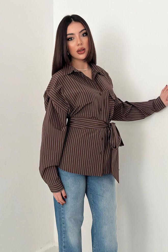 Elisa Brown Striped Oversized Fit Shirt Wholesale Clothing 1