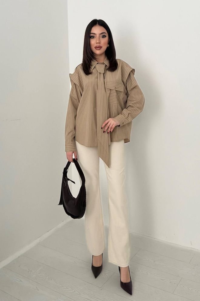 Elisa Khaki Striped Oversized Fit Polo Neck Shirt Wholesale Clothing Work