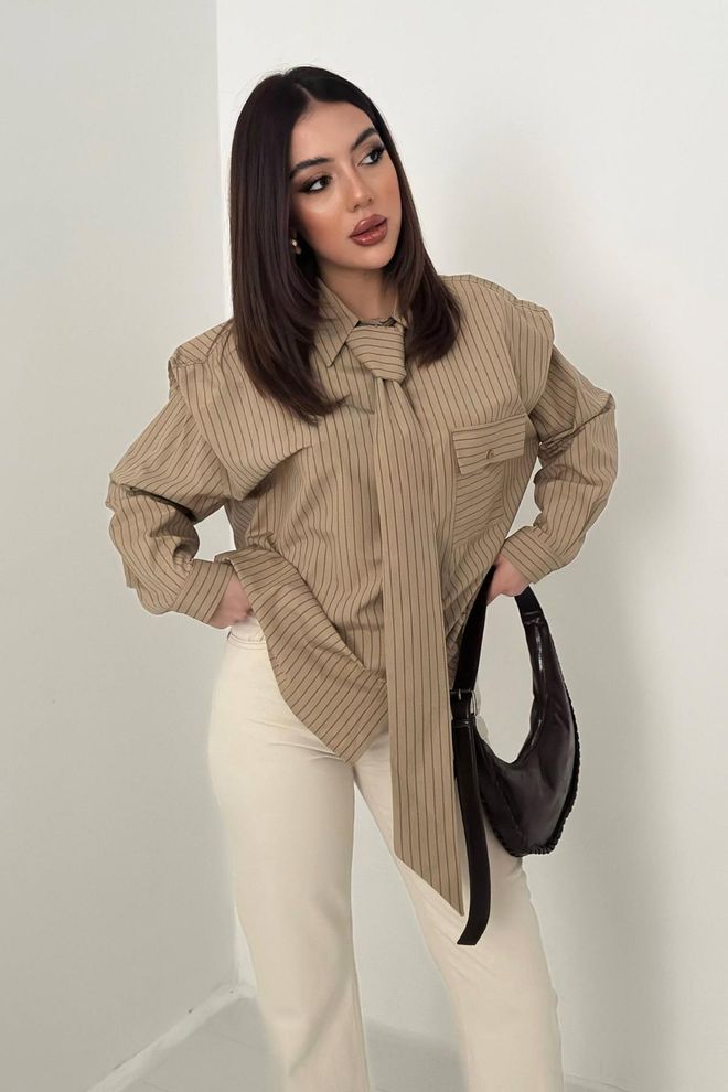 Elisa Khaki Striped Oversized Fit Polo Neck Shirt Wholesale Clothing 1
