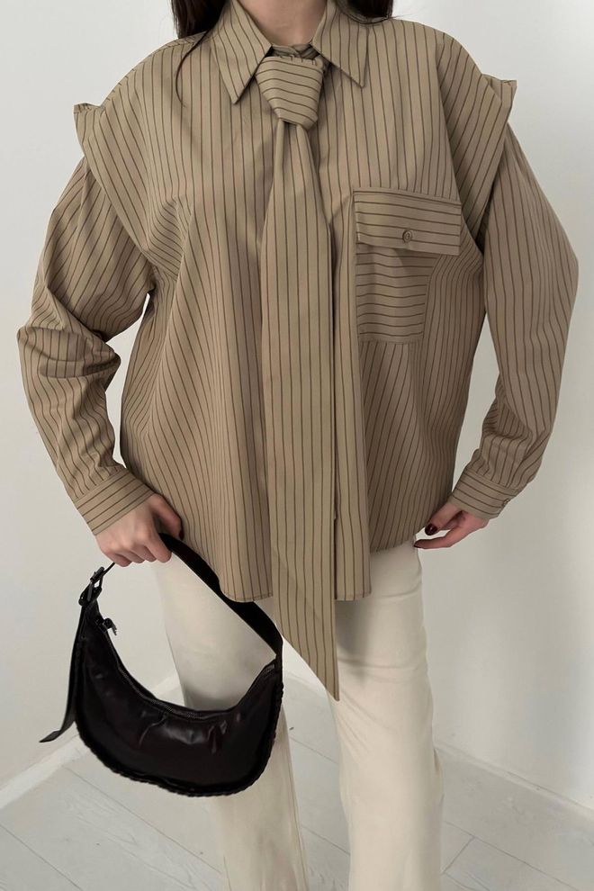 Elisa Khaki Striped Oversized Fit Polo Neck Shirt Wholesale Clothing Formal