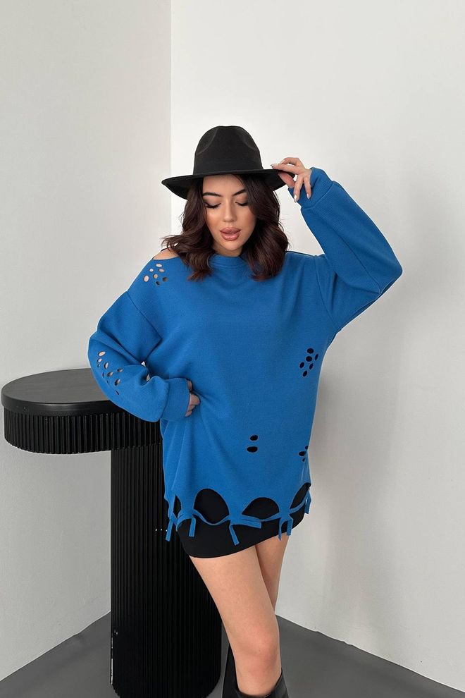 Elisa Lasergesneden blouse Blauw Groothandel Kleding Casual