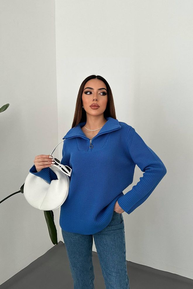 Elisa Gebreide trui met ritssluiting en coltrui Blauw Groothandel Kleding Casual