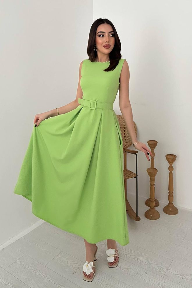 Elisa Uitlopende Jurk Met Halternek Pistachegroen Groothandel Kleding Elegant