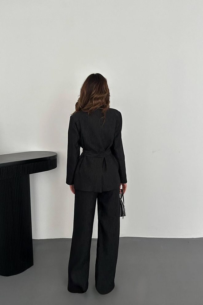 Elisa Belted Waist Jacket And Trouser Shiny Set Black Wholesale Clothing Formal