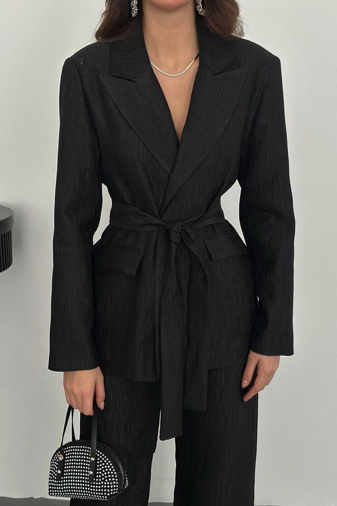 Elisa Belted Waist Jacket And Trouser Shiny Set Black Wholesale Clothing Fall