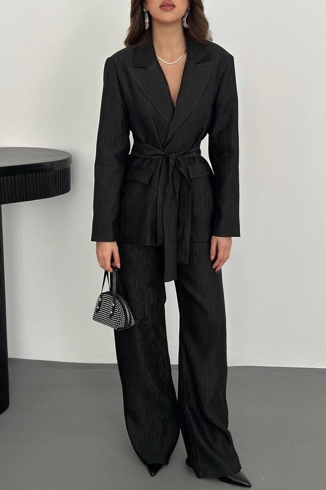 Elisa Belted Waist Jacket And Trouser Shiny Set Black Wholesale Clothing Birthday