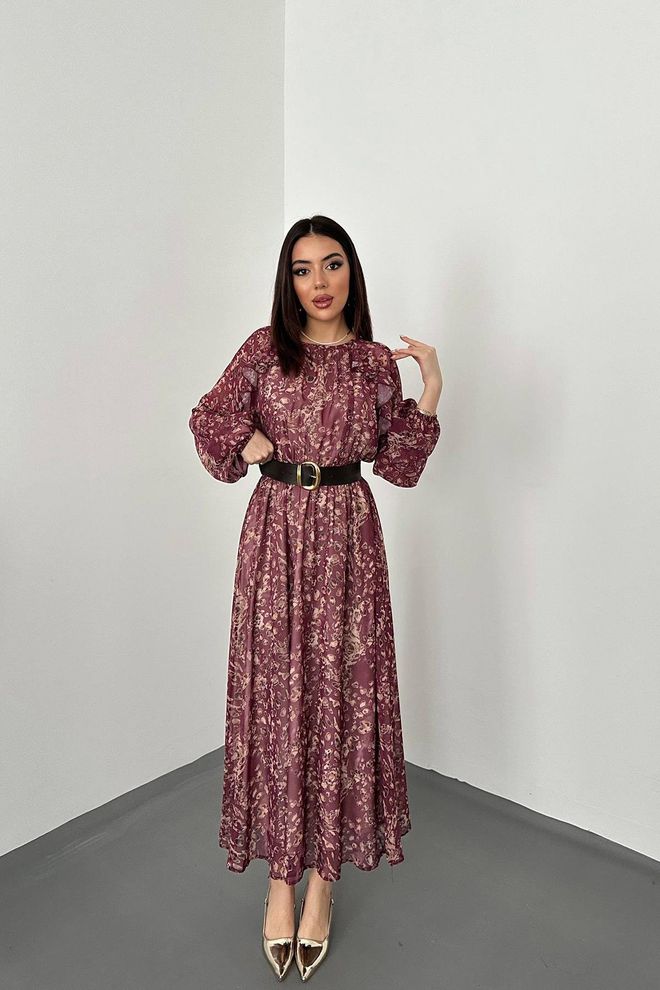 Elisa Midi A linijska Obleka Bordo Rdeče Barve Z Dolgimi Ravnimi Rokavi Oblačila na debelo Skromno