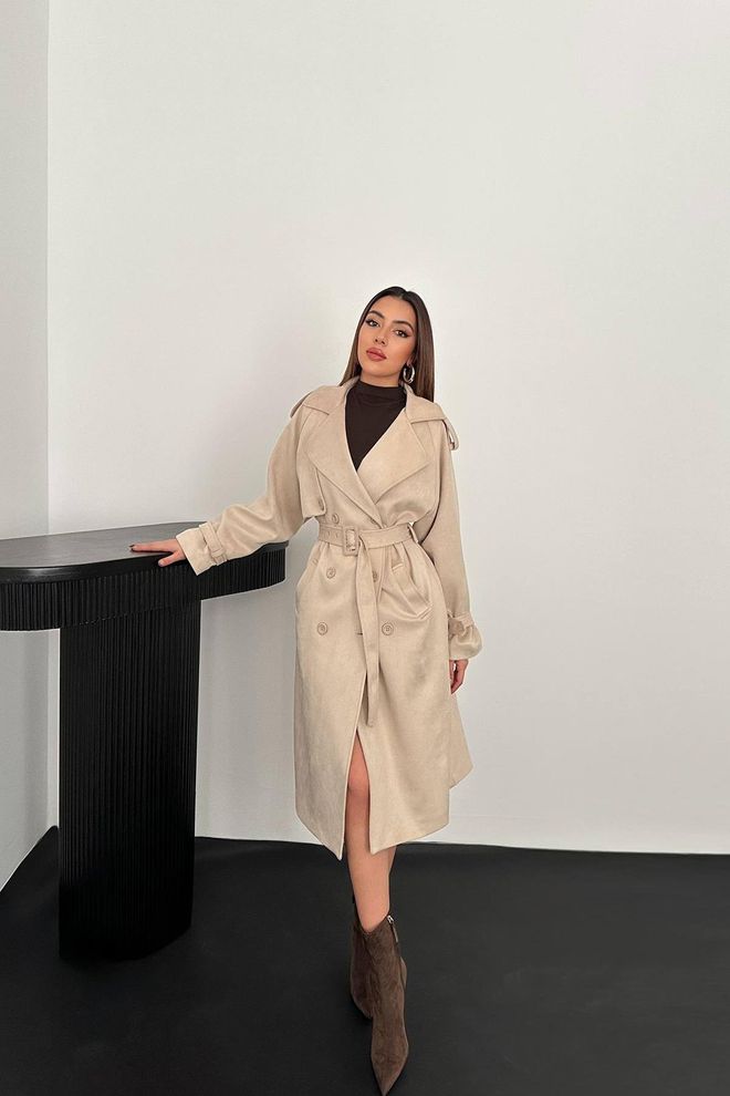 Elisa Beige Trenchcoat Elegante Enkelrijige Geknoopte Jas Groothandel Kleding Bescheiden