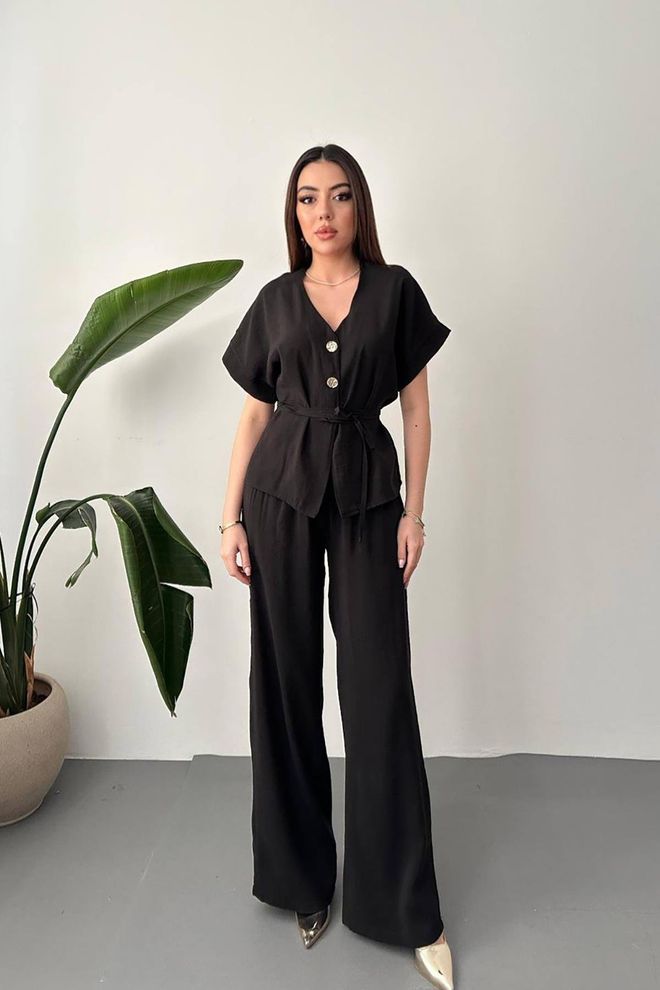 Elisa Elegant Zwart Set Met Palazzo Broek Groothandel Kleding Casual