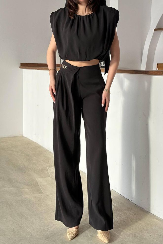 Elisa Black Elegant Casual Set With Wide Leg Palazzo Pants Wholesale Clothing Lounge