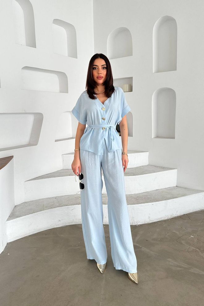 Elisa Blauw Set Elegant Casual Palazzo Outfit Groothandel Kleding Casual