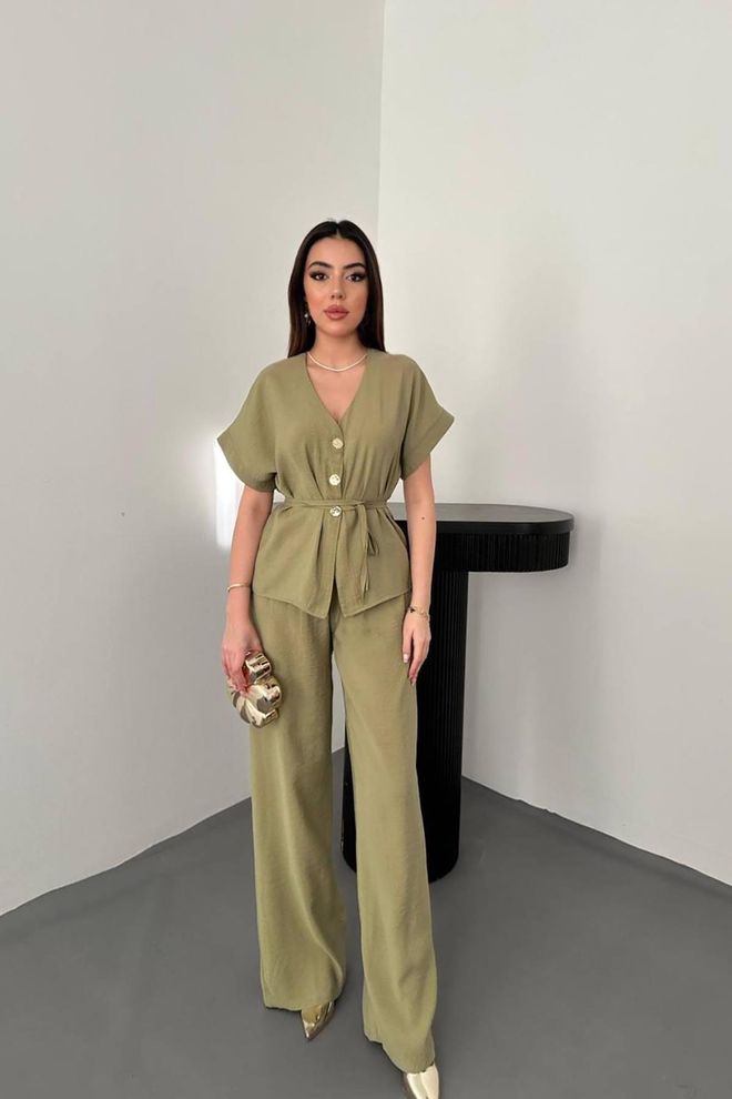 Elisa Khaki Set Met Elegante Palazzo Broek Groothandel Kleding Casual