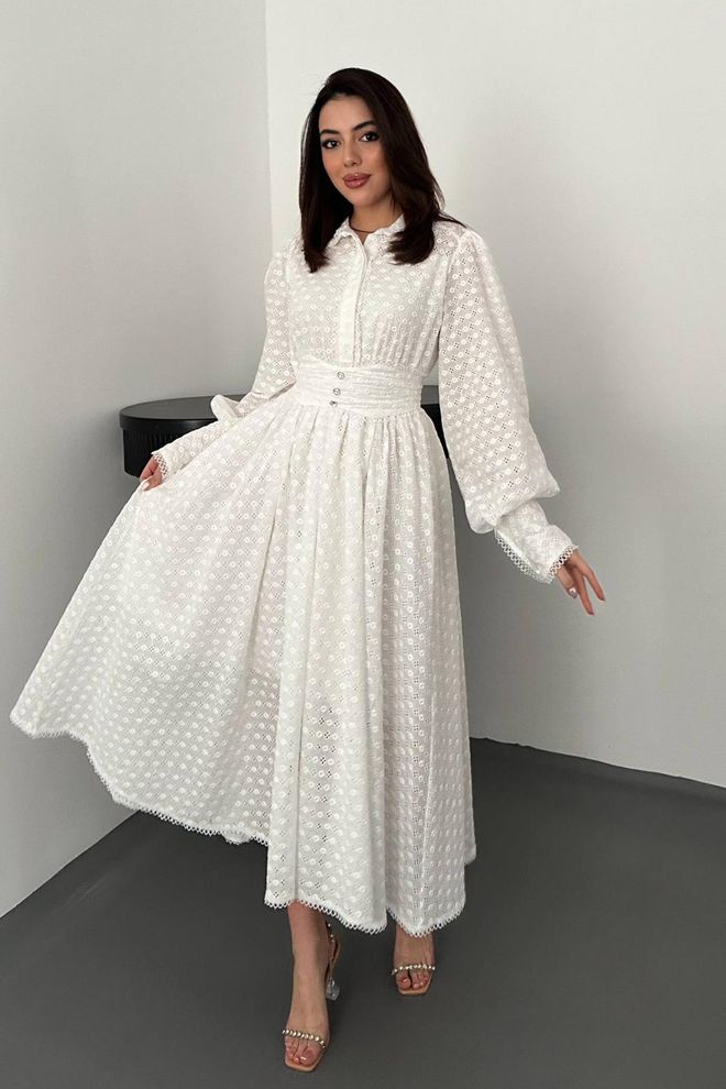Elisa Vestito Bianco Elegante Floreale Con Maniche A Sbuffo E Lunghezza Midi Abbigliamento all'ingrosso Modesto