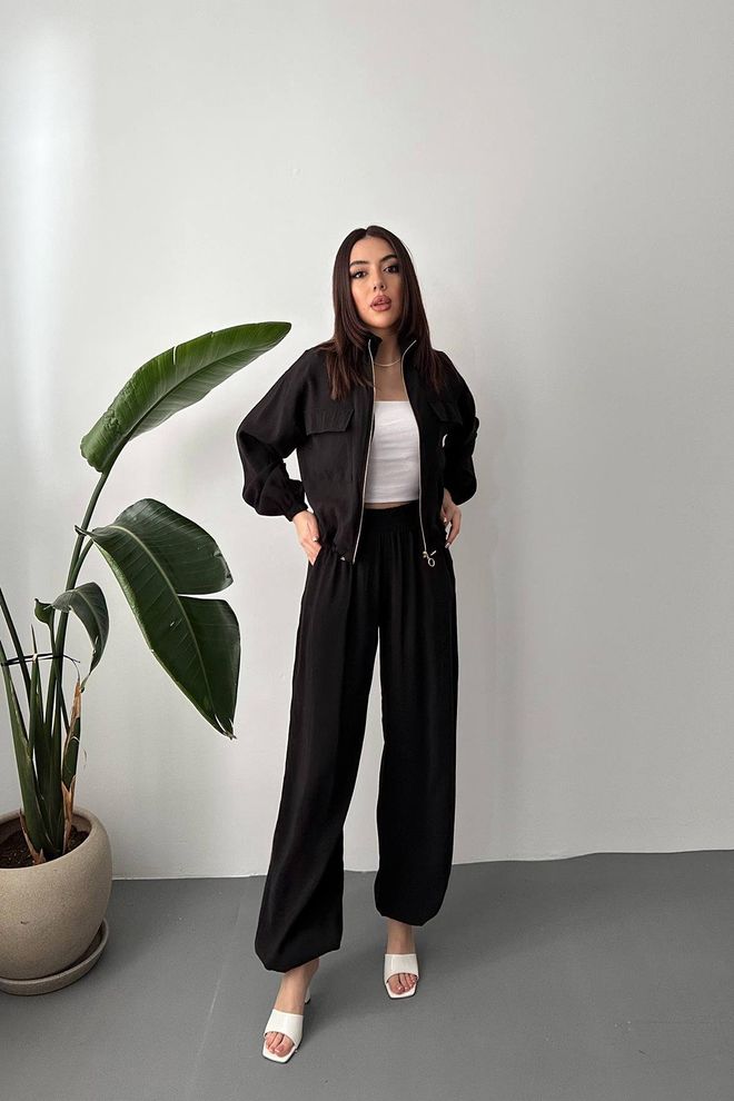 Elisa Zwart Set Casual Streetwear Wijde Pijp Palazzo Groothandel Kleding Bescheiden