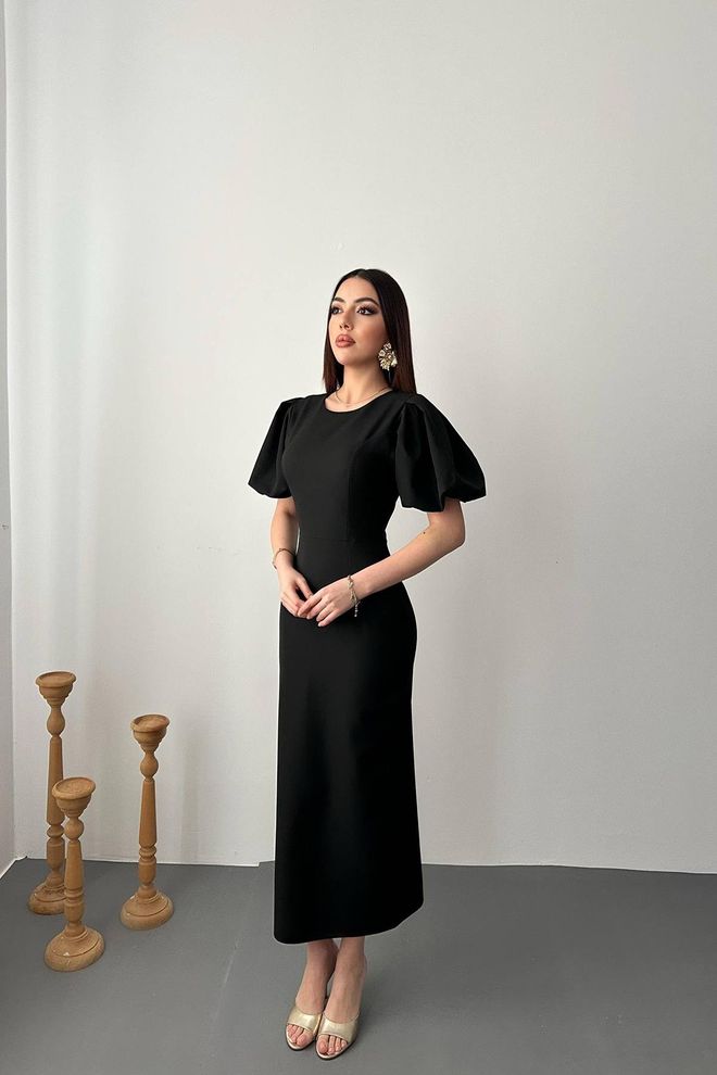 Elisa Elegante Zwarte Schedejurk Met Pof Halve Mouwen Groothandel Kleding Sexy