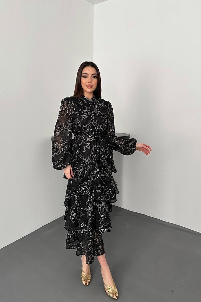 Elisa Czarna Elegancka Sukienka Fit And Flare Midi Hurtowa sprzedaż odzieży Skromny