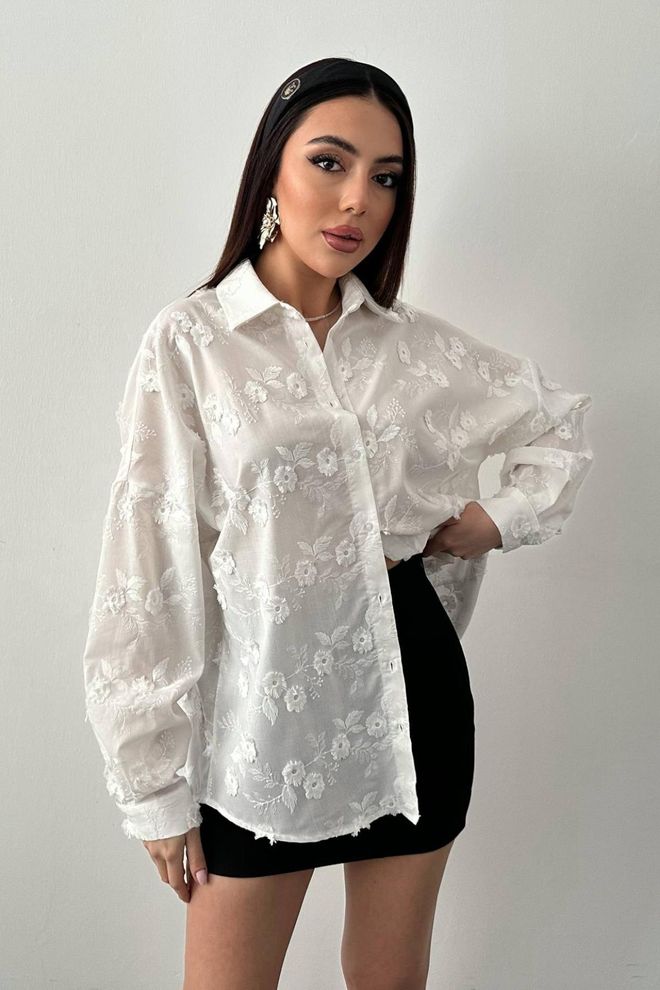 Elisa White Floral Oversized Fit Polo Neck Blouse Wholesale Clothing Casual