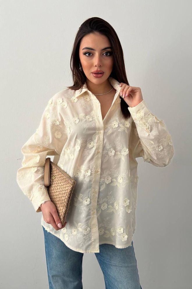 Elisa Elegant Beige Floral Buttoned Shirt Wholesale Clothing Modest