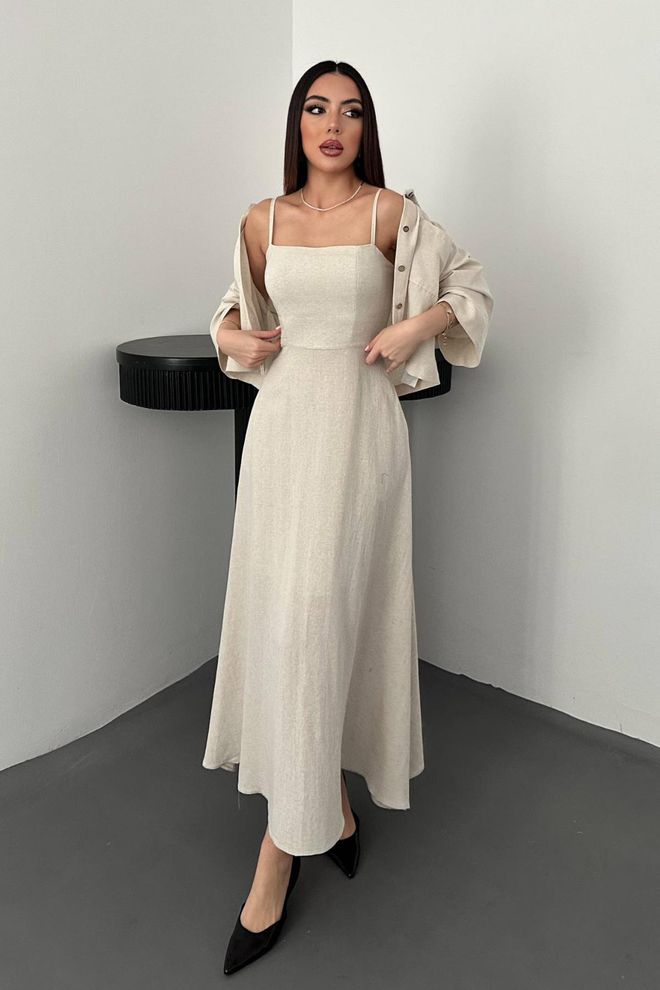 Elisa Elegant Beige Maxi Slip Dress With Square Neck Wholesale Clothing 1