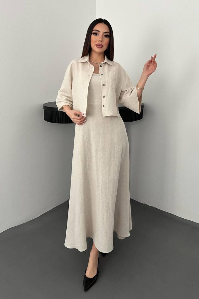 Elisa Elegant Beige Maxi Slip Dress With Square Neck Wholesale Clothing Modest