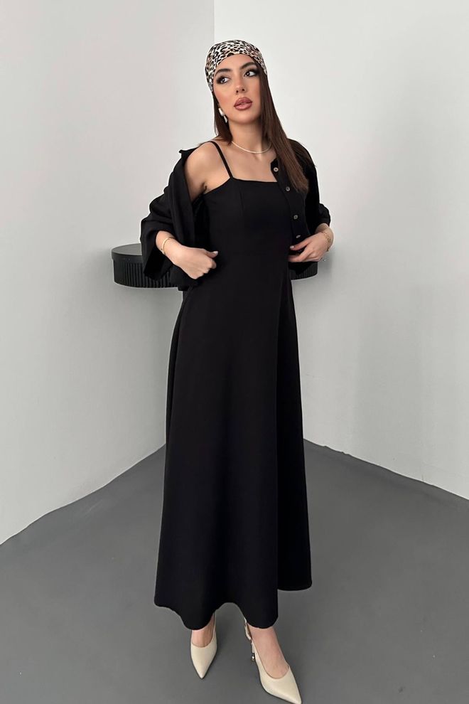 Elisa Black Elegant Maxi Slip Dress With Square Neck Wholesale Clothing 1