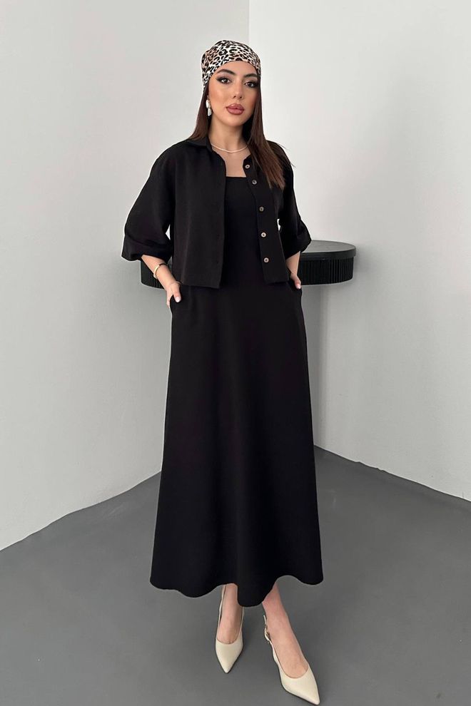 Elisa Black Elegant Maxi Slip Dress With Square Neck Wholesale Clothing Modest