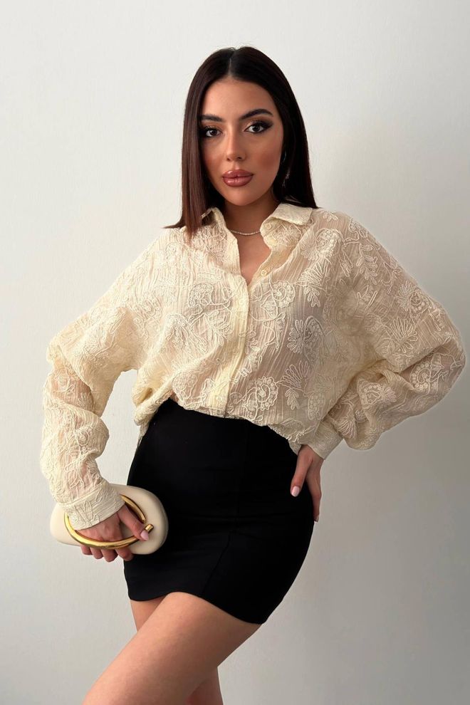 Elisa Beige Floral Elegant Oversized Fit Blouse Wholesale Clothing Casual