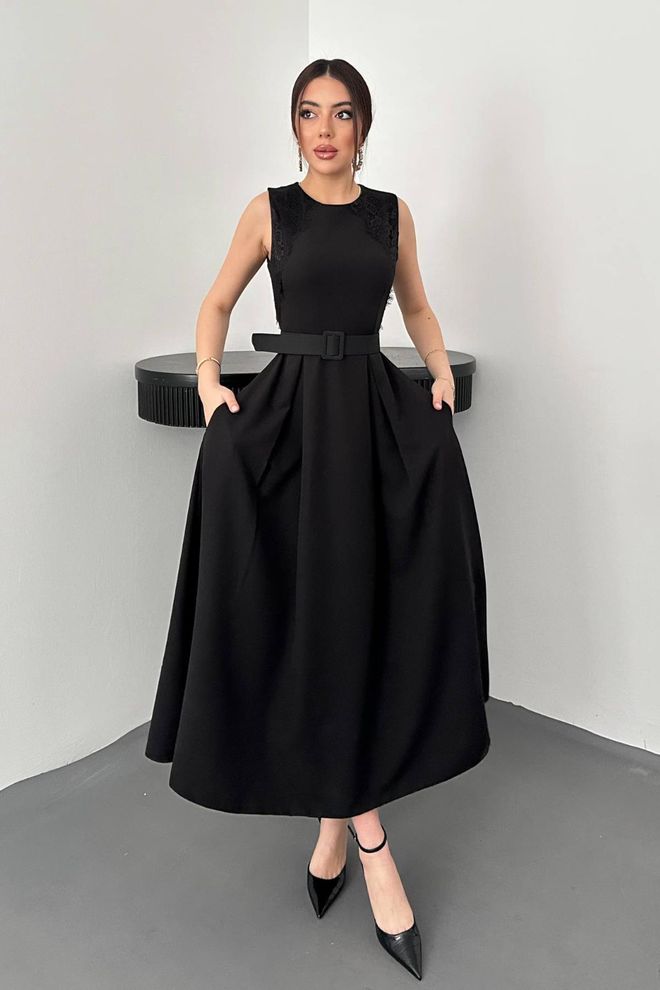 Elisa Elegant Black A Line Midi Dress Wholesale Clothing Sexy