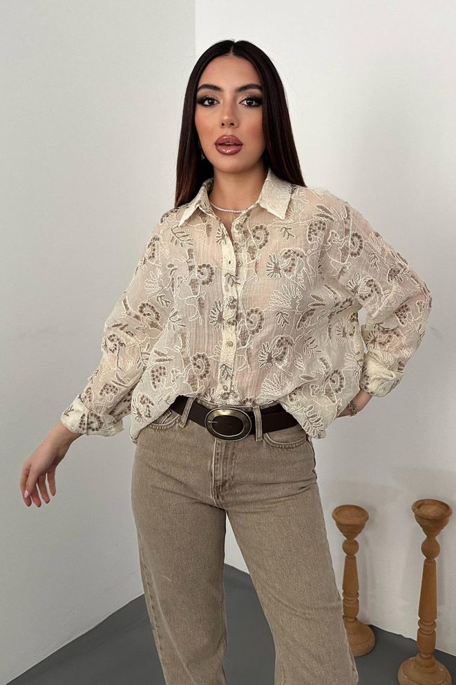 Elisa Beige Oversized Fit Floral Shirt With Notched Neck Wholesale Clothing Casual