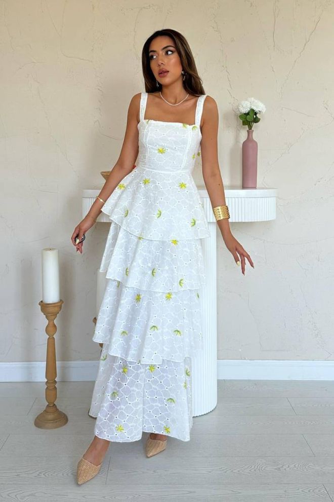 Elisa White Fit And Flare Dress With Floral Pattern Wholesale Clothing Casual