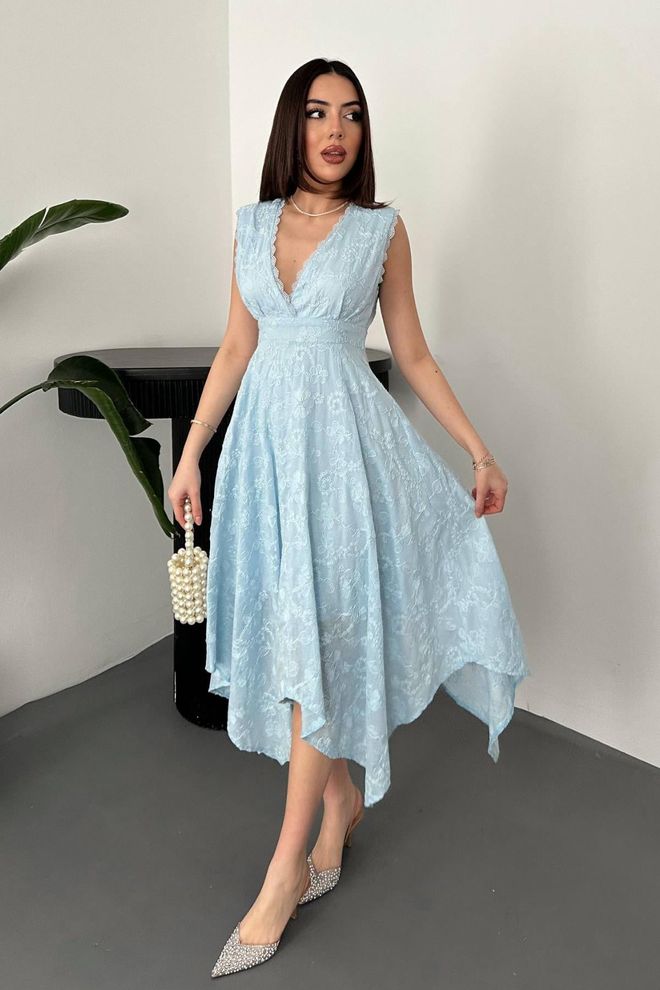 Elisa Blue Elegant Fit And Flare Dress Wholesale Clothing Casual
